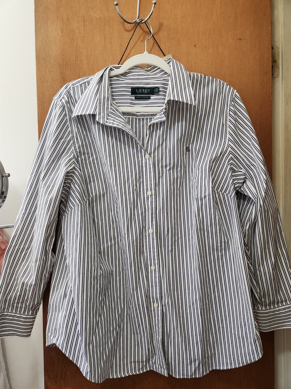 Lauren Ralph Lauren White Button-Down Shirt with Navy Stripes